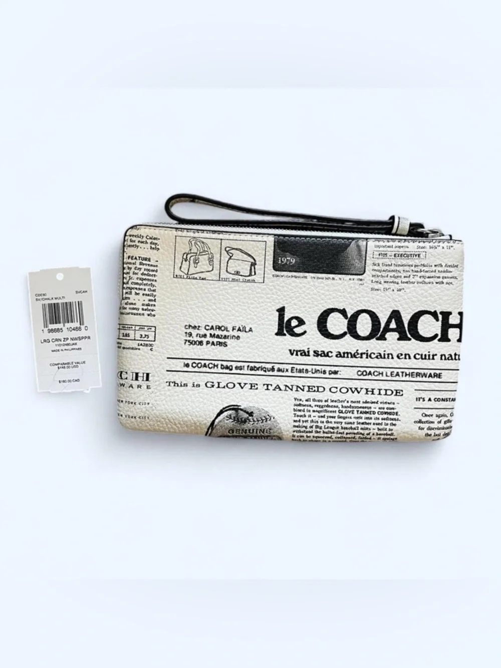 Coach Large Corner Zip Wristlet With Newspaper Print - Cream & Black - Picture 2 of 2